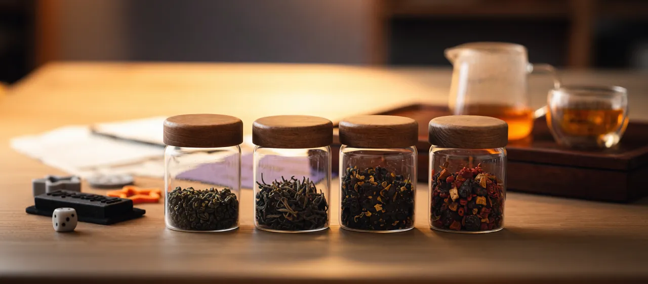 Four jars of Chinese tea on the game table