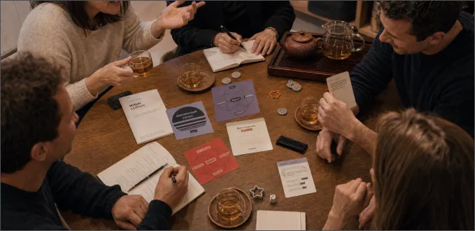 Participants around the game table discussing each other’s choices