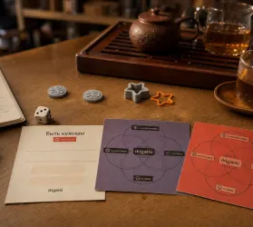 Game cards, chips and a die on the shared table