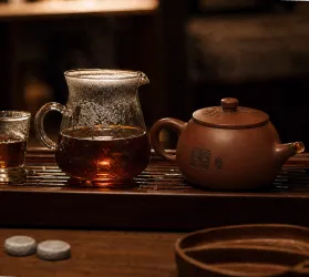 A glass pitcher of tea and a clay teapot