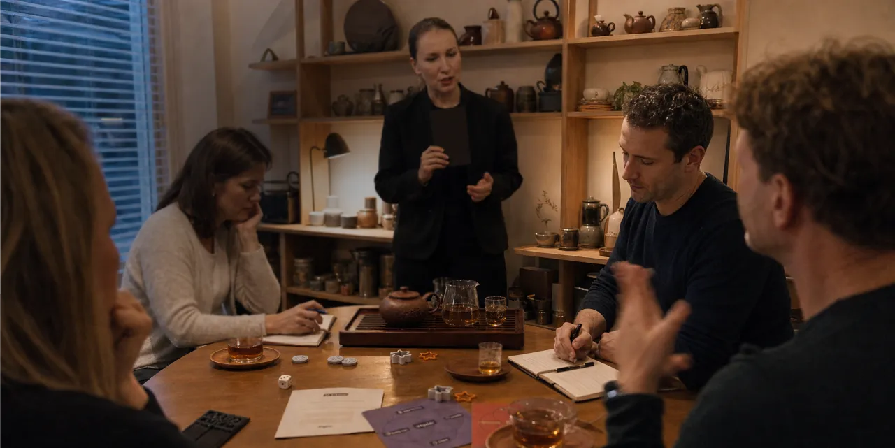 A facilitator leads an Ikigai4i session at a shared tea table